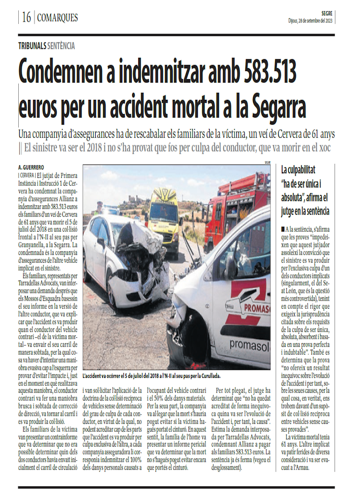 Condemnen a indemnitzar amb 583.513 euros per un accident mortal a la Segarra