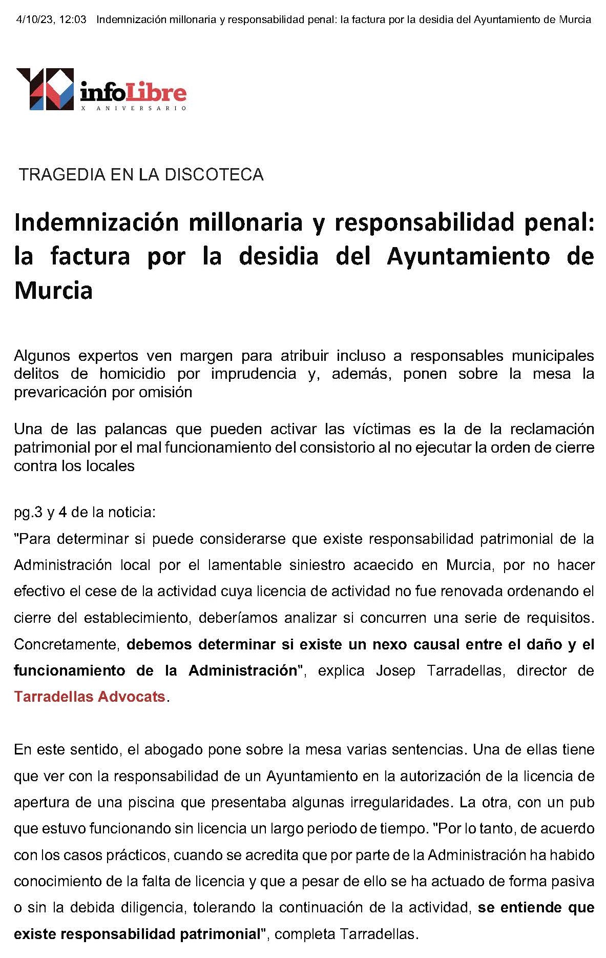 Tragedia en Murcia. El periódico digital infolibre nos consulta como expertos en responsabilidad parimonial.